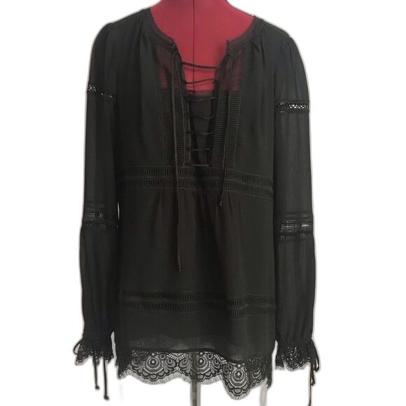 WHBM Karlee Boho Blouse Women's Size 8 Black Lace Trim Lace-Up Front Long Sleeve - Picture 16 of 16